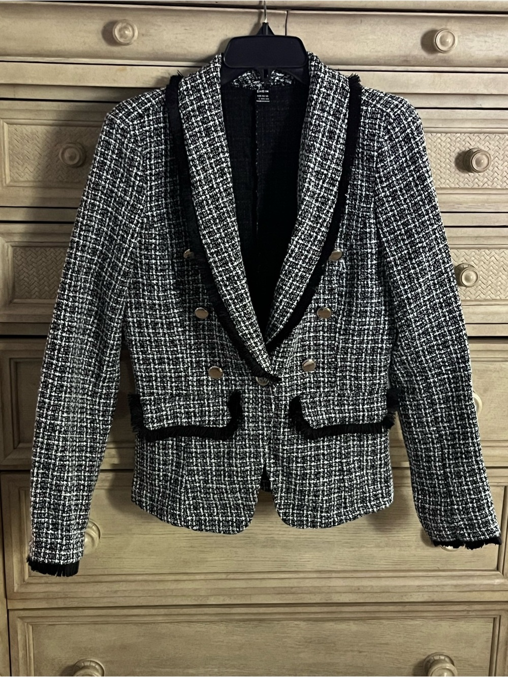SHEIN Black & White Tweed Double-Breasted Blazer with Black Trim